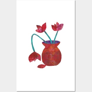 Red tulips in vase mixed media collage Posters and Art